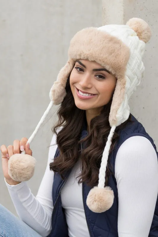 Bohemian Winter Cable Weave Pom Trapper Hat