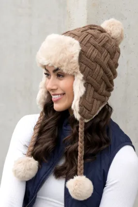 Bohemian Winter Cable Weave Pom Trapper Hat