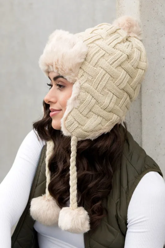 Bohemian Winter Cable Weave Pom Trapper Hat