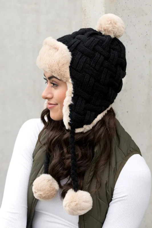 Bohemian Winter Cable Weave Pom Trapper Hat