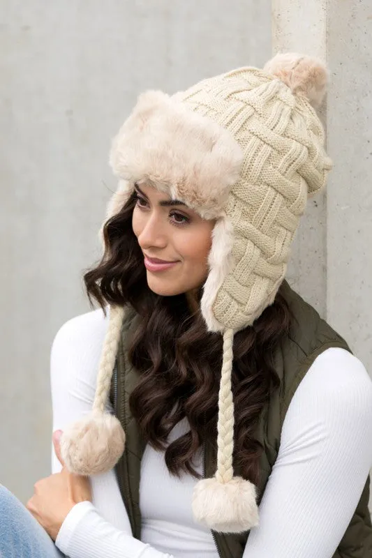 Bohemian Winter Cable Weave Pom Trapper Hat