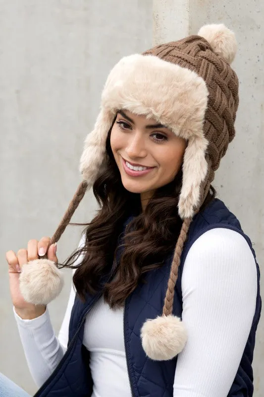 Bohemian Winter Cable Weave Pom Trapper Hat