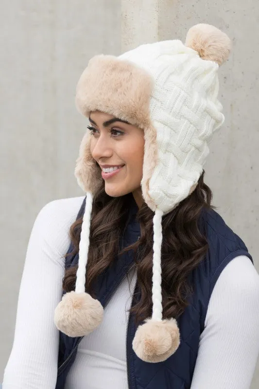 Bohemian Winter Cable Weave Pom Trapper Hat