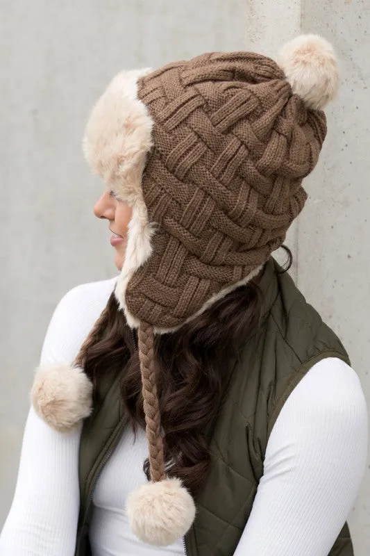 Bohemian Winter Cable Weave Pom Trapper Hat