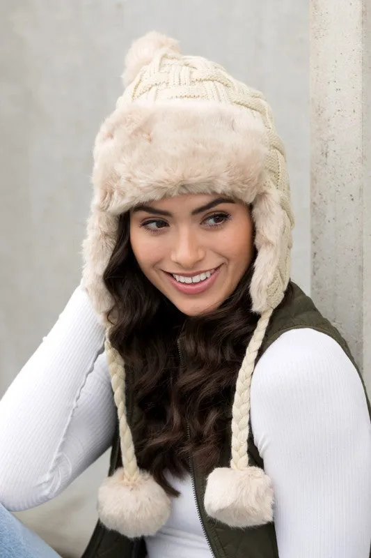 Bohemian Winter Cable Weave Pom Trapper Hat