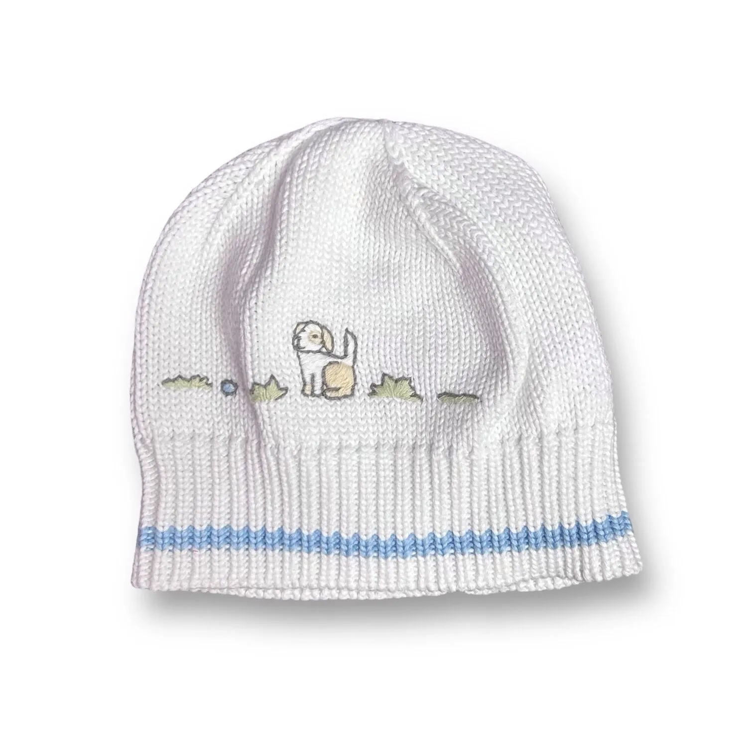 Boys Janie and Jack Size 0-3 Months White Knit Embroidered Puppy Dog Hat