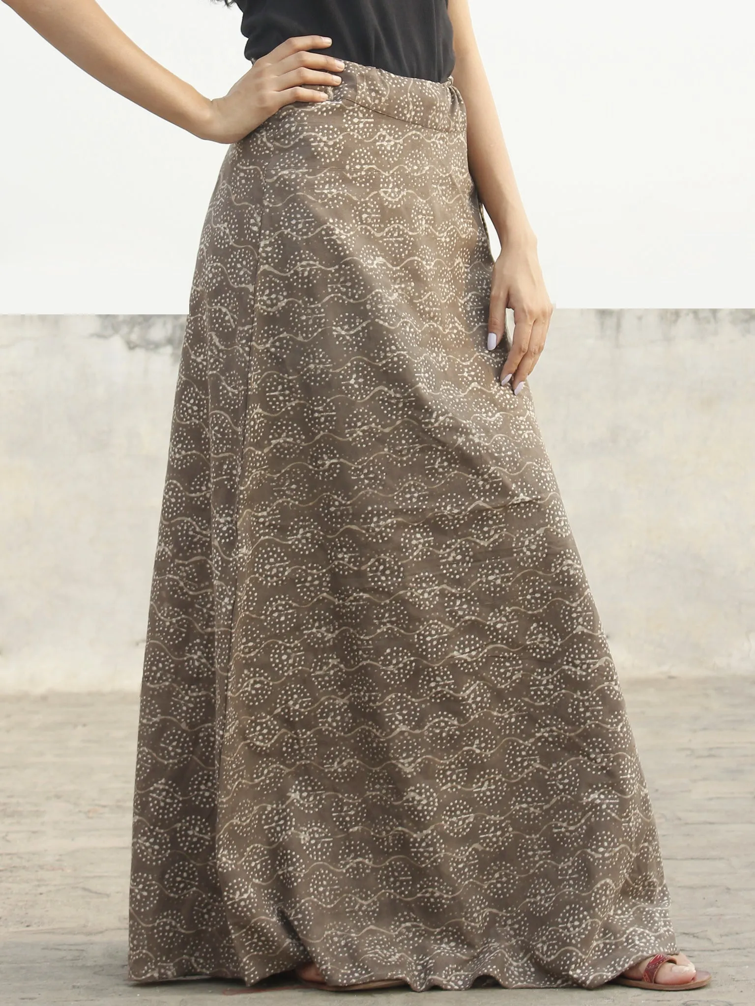 Brown Ivory Hand Block Printed Wrap Around Skirt  - S40F072