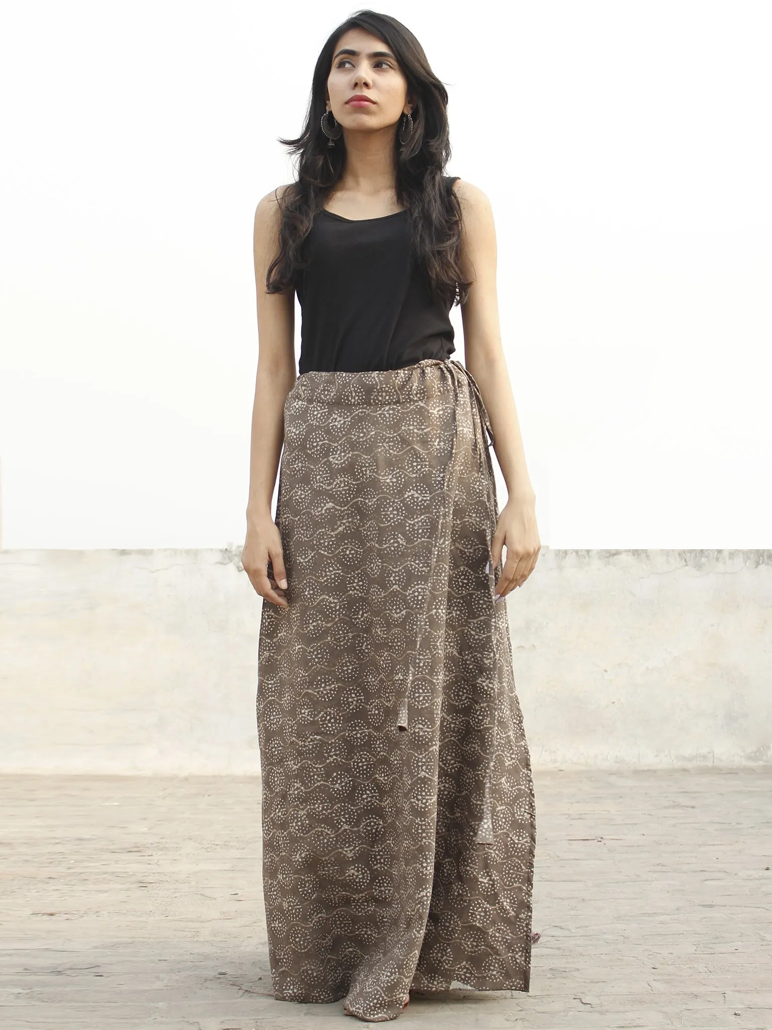 Brown Ivory Hand Block Printed Wrap Around Skirt  - S40F072