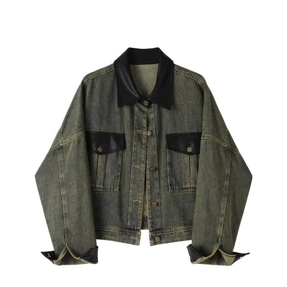 Brown Leather Rust Cowboy Grunge Denim Jean Jacket