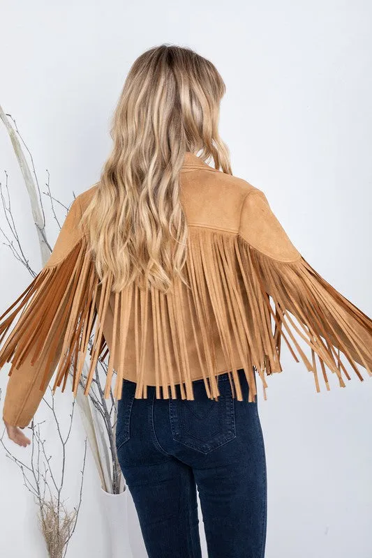 Camel Faux Leather Suede Fringe Cropped Western Boho Moto Jacket Women's