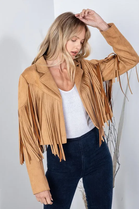 Camel Faux Leather Suede Fringe Cropped Western Boho Moto Jacket Women's