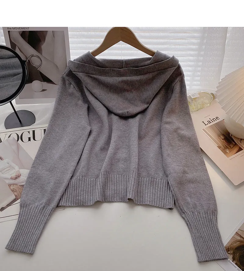 Cardigan knitted coat Long Sleeve hooded top  6547