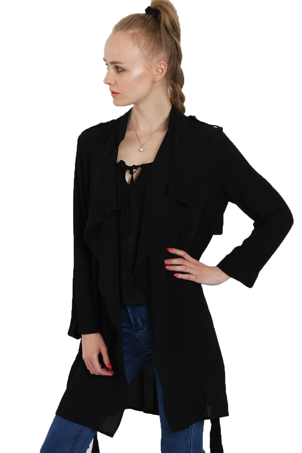 Chiffon Relaxed Waterfall Open Front Shoulder Tap  Jacket with Cape Back