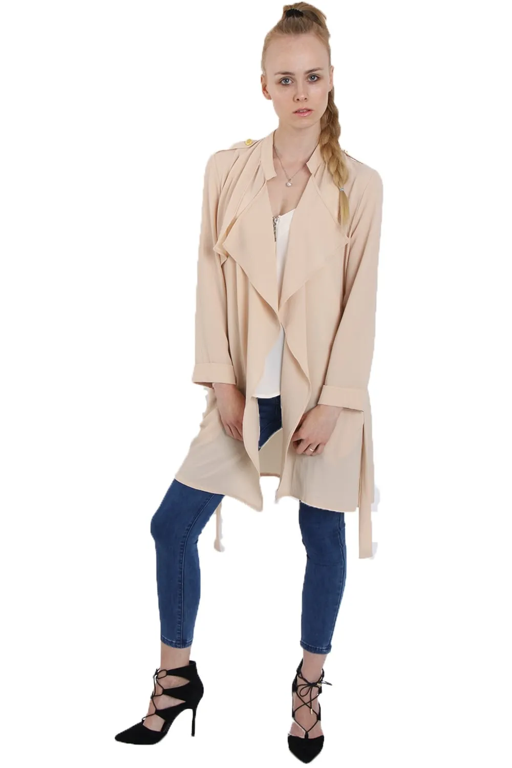 Chiffon Relaxed Waterfall Open Front Shoulder Tap  Jacket with Cape Back