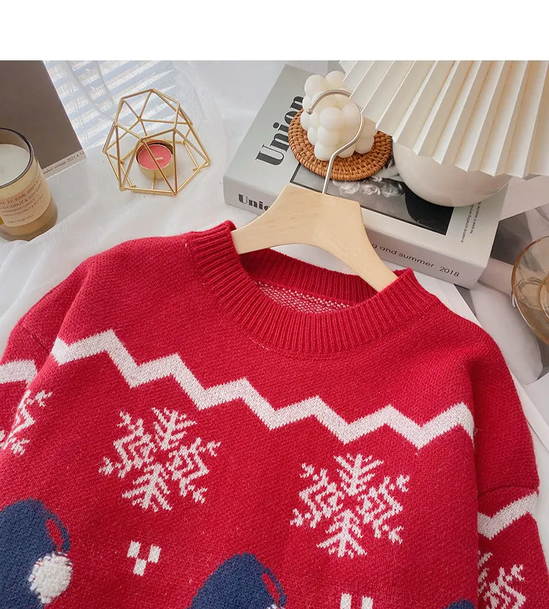 Christmas hat jacquard contrast sweater long sleeve Pullover Top  6161