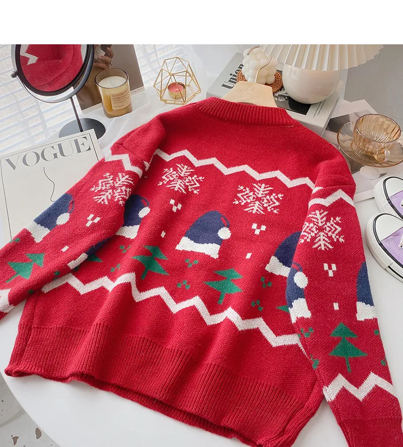 Christmas hat jacquard contrast sweater long sleeve Pullover Top  6161