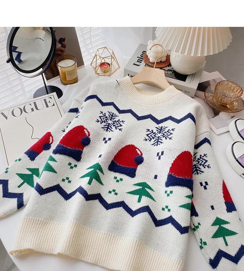 Christmas hat jacquard contrast sweater long sleeve Pullover Top  6161