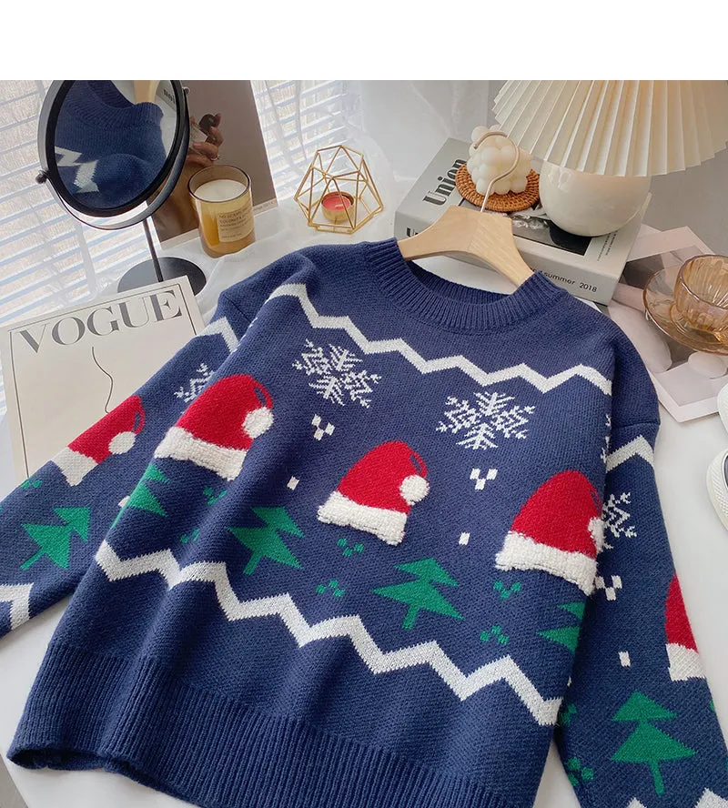 Christmas hat jacquard contrast sweater long sleeve Pullover Top  6161