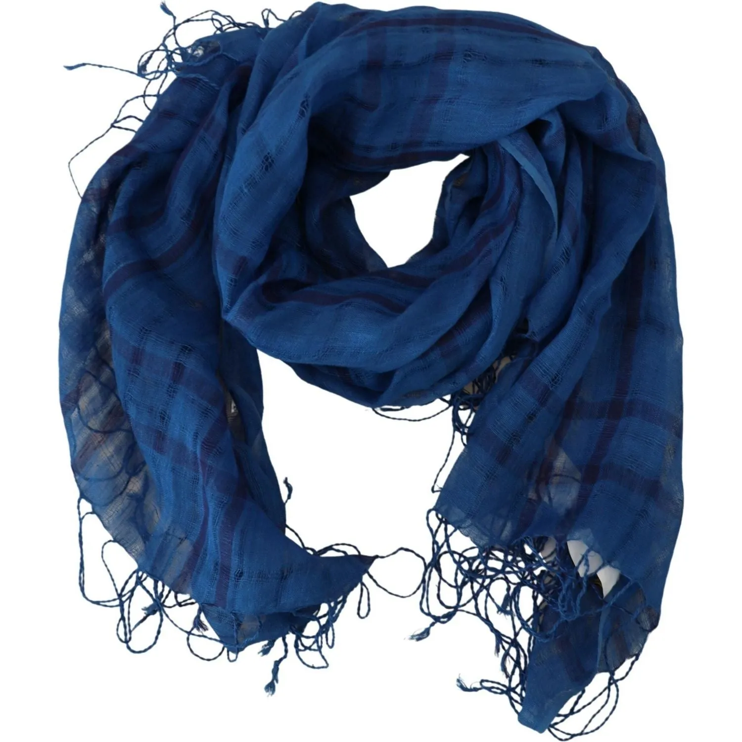 Costume National Chic Linen Fringed Scarf in Blue Checkered