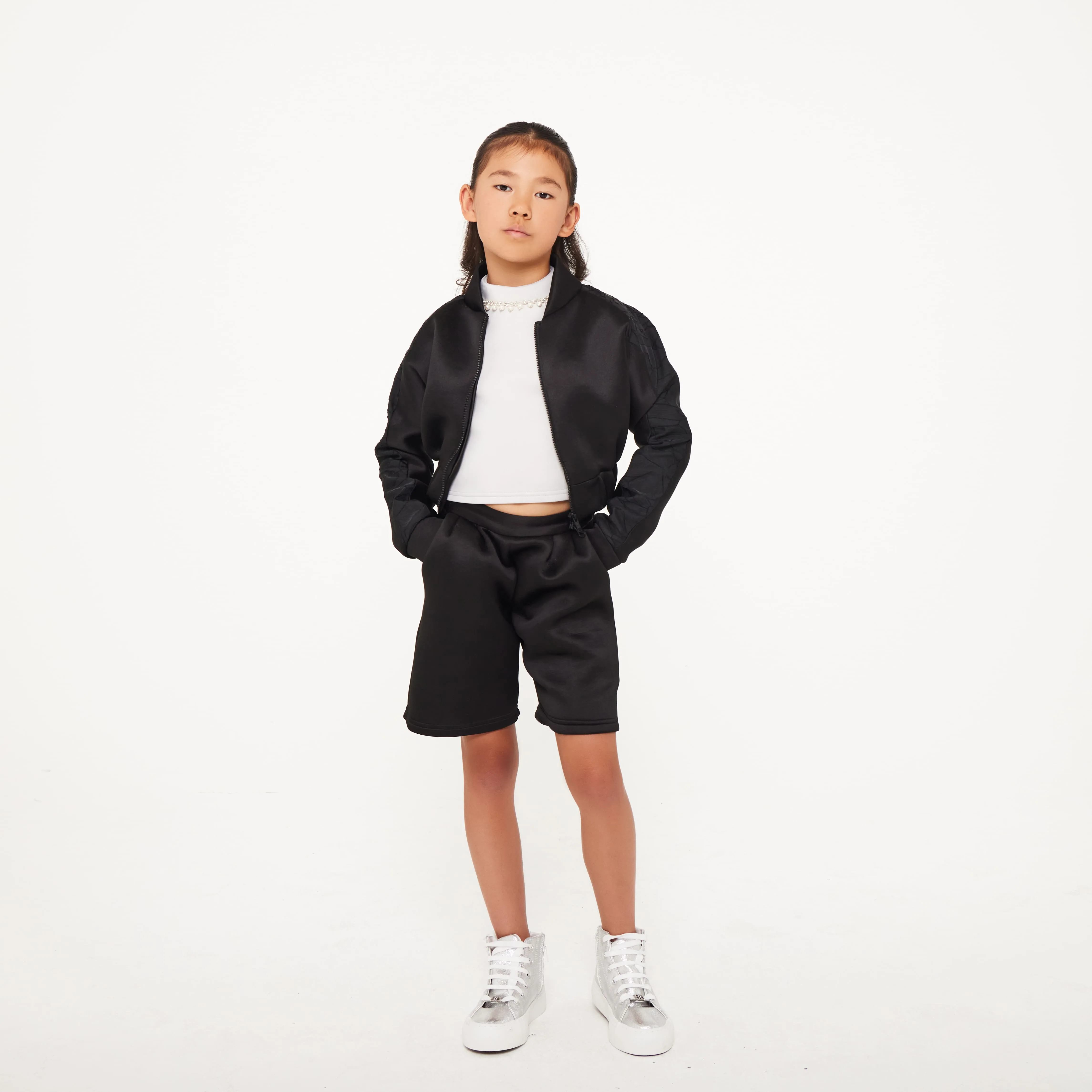 Cropped Neoprene Varsity Jacket with Jacquard Contrast