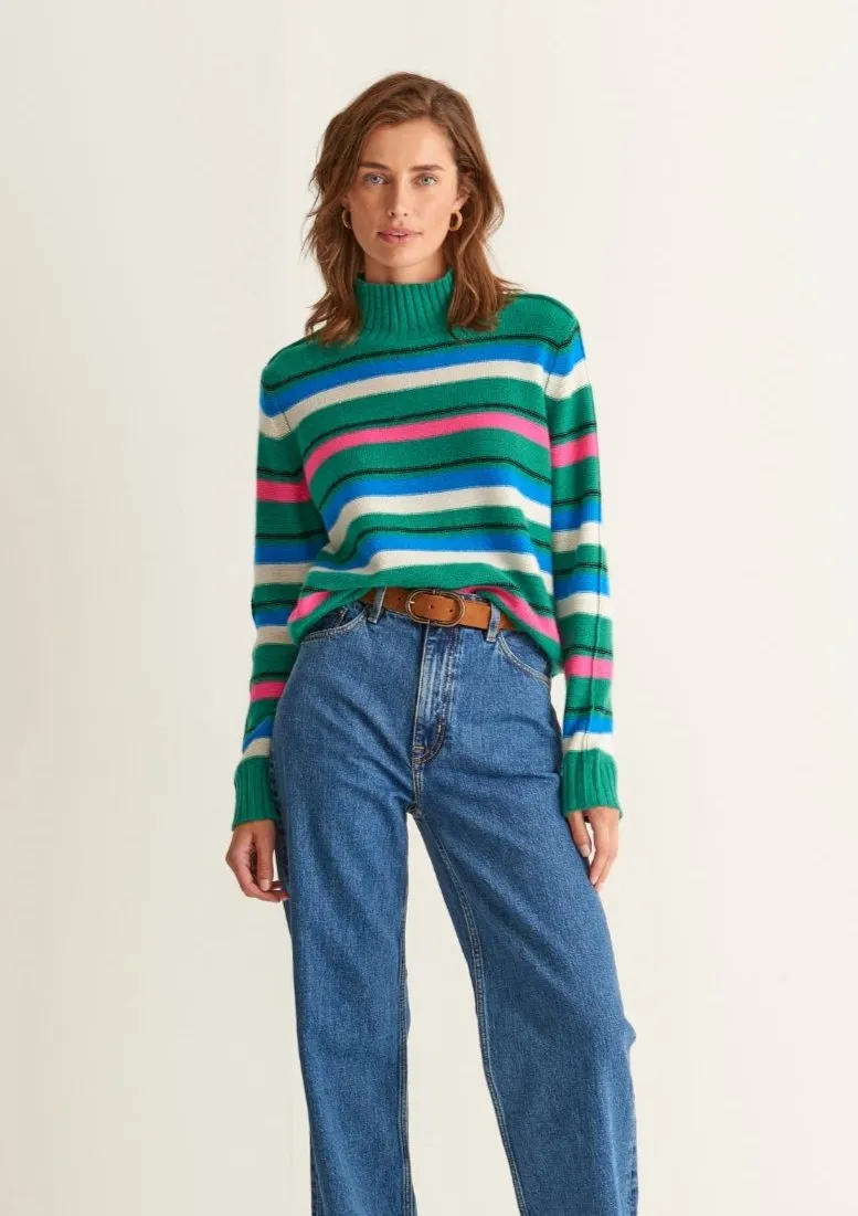 Cropped Polo Neck Sweater in Green Stripe