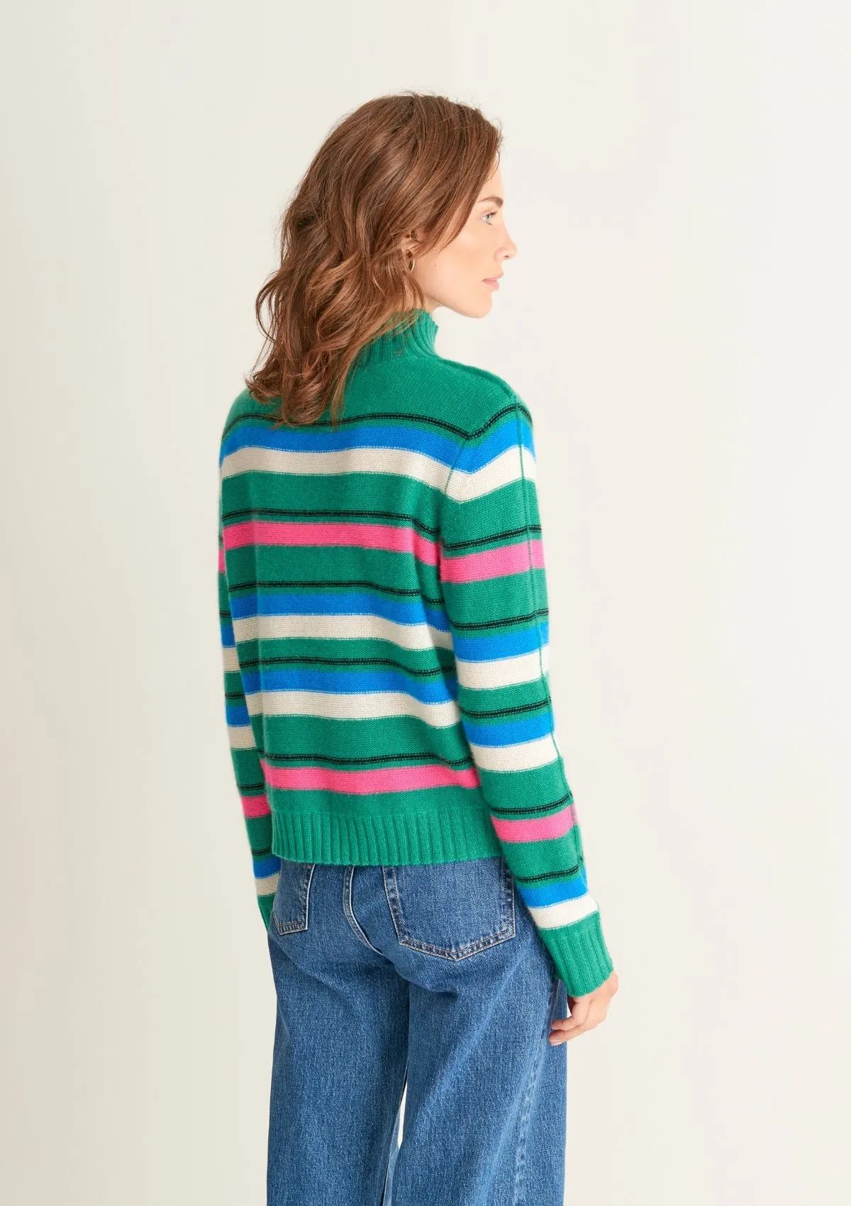 Cropped Polo Neck Sweater in Green Stripe