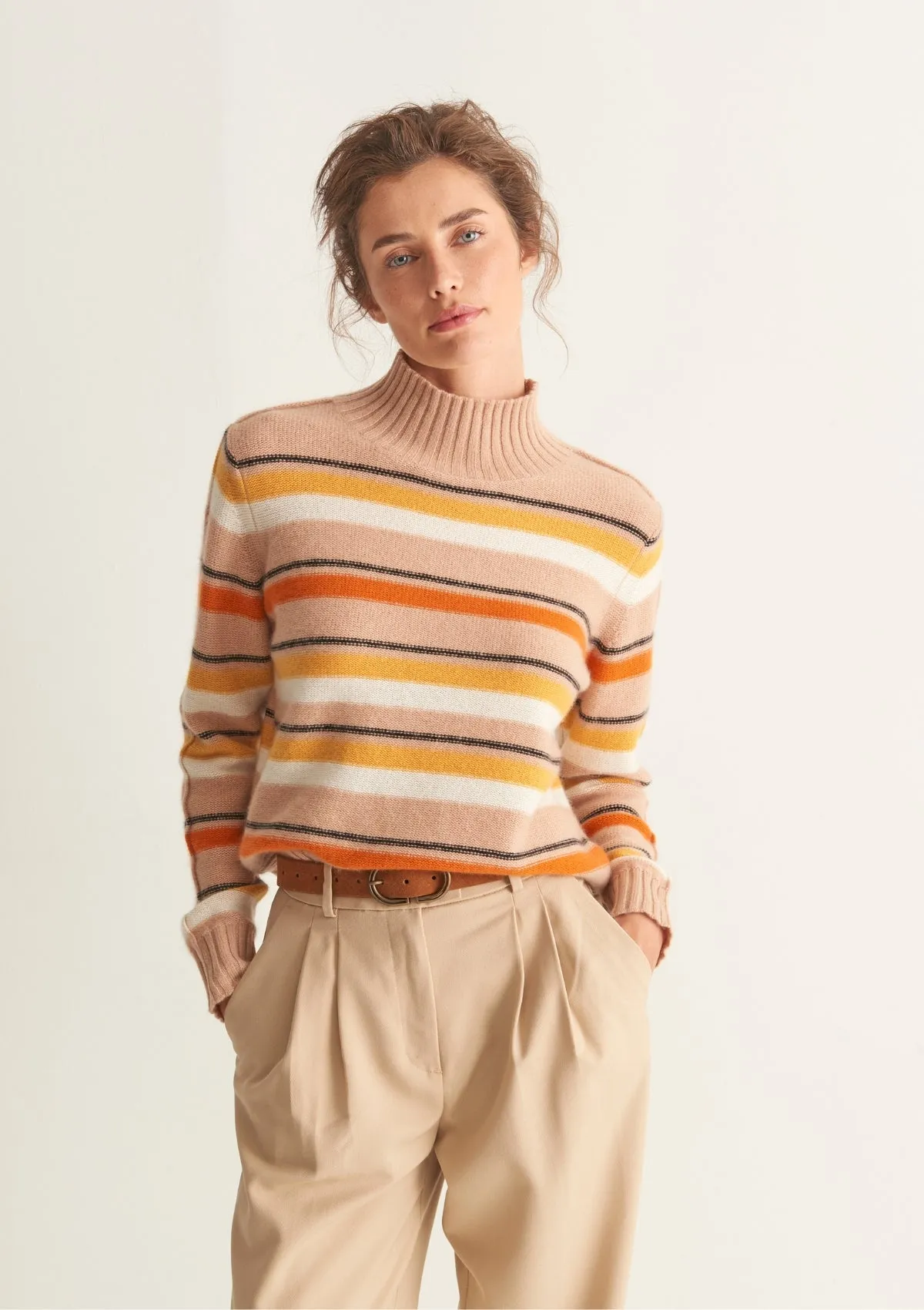 Cropped Polo Neck Sweater in Neutral Stripe