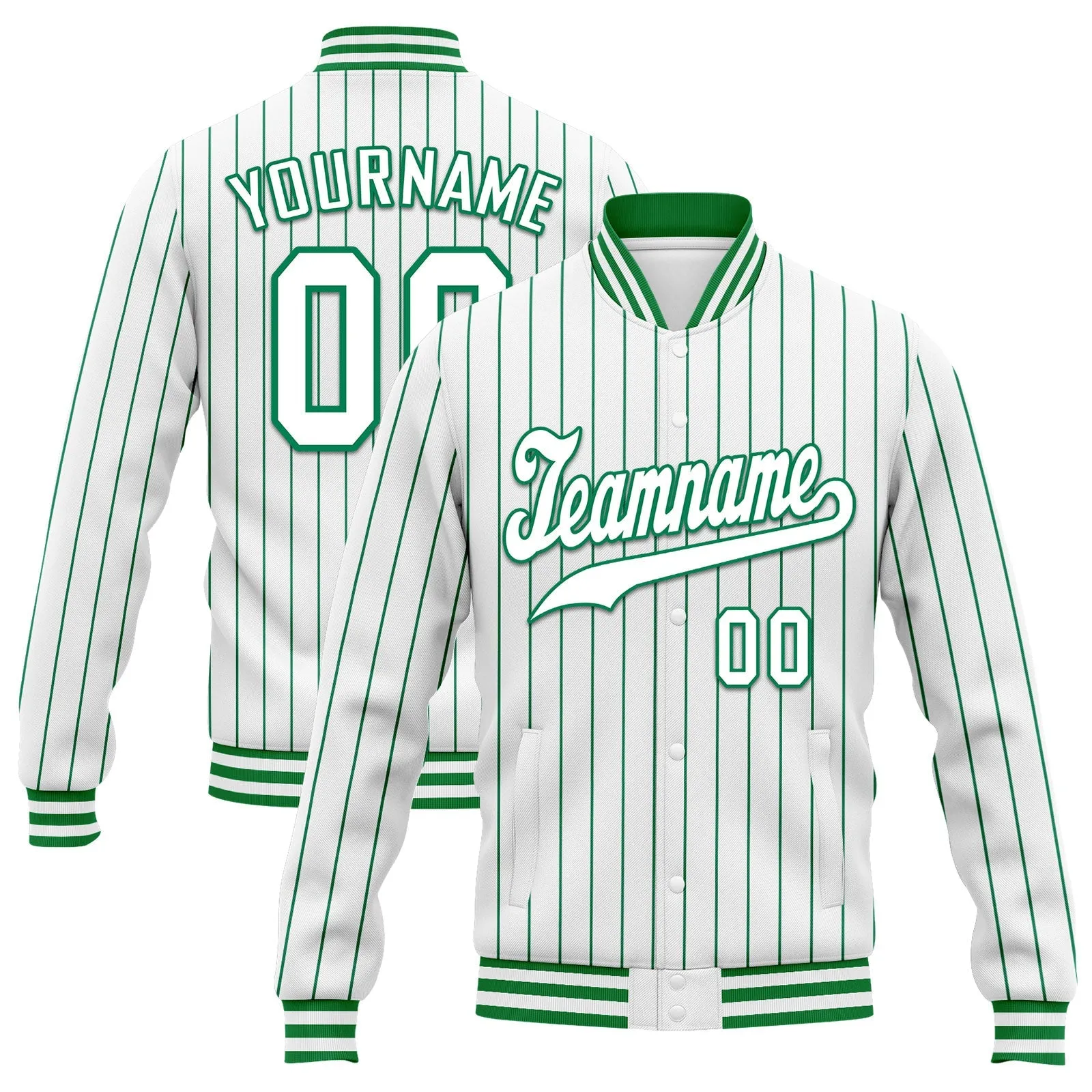 Custom White Green Stripe Fashion Jacket Bomber Full-Snap Varsity Letterman Personalized Jacket FZ005-D020219-7