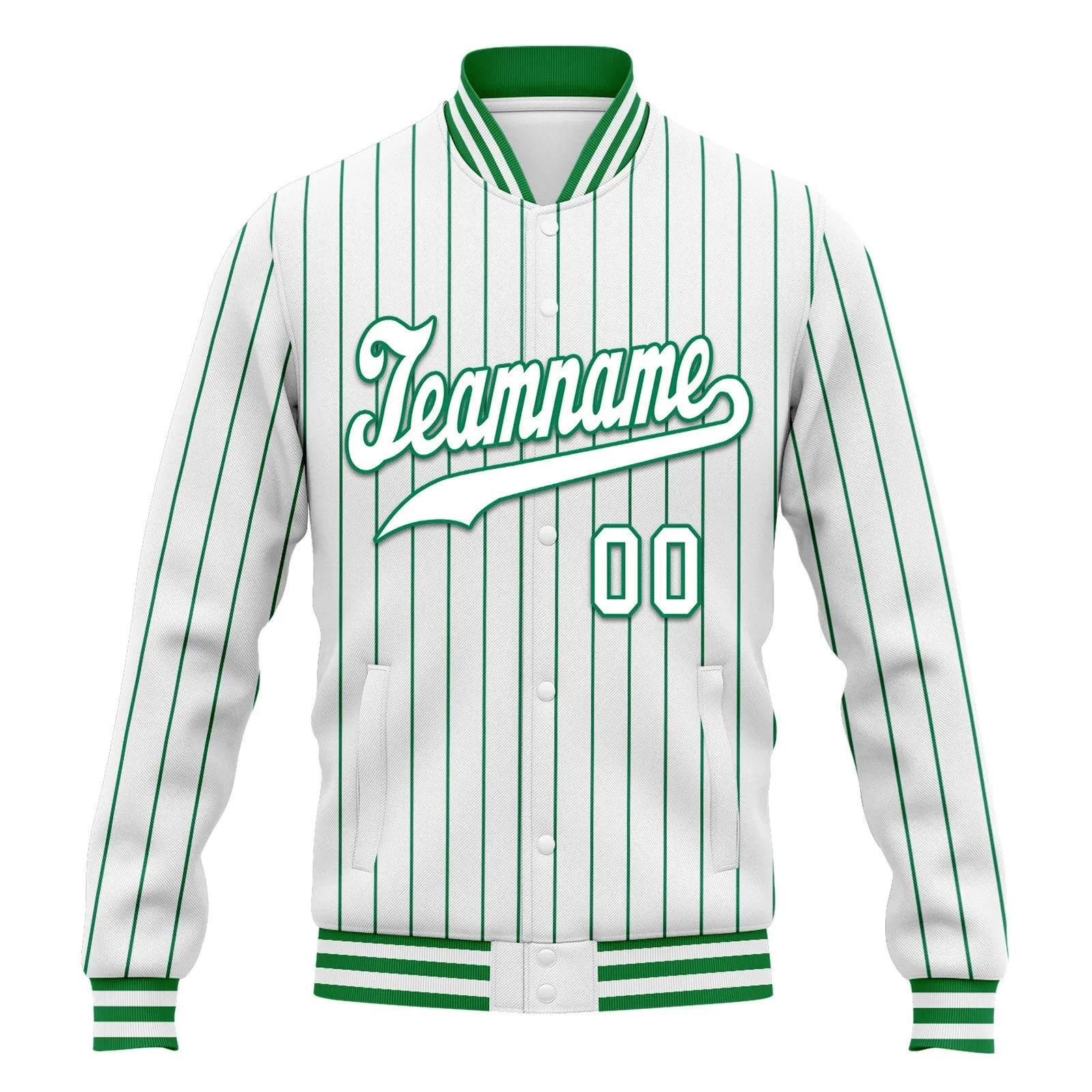 Custom White Green Stripe Fashion Jacket Bomber Full-Snap Varsity Letterman Personalized Jacket FZ005-D020219-7