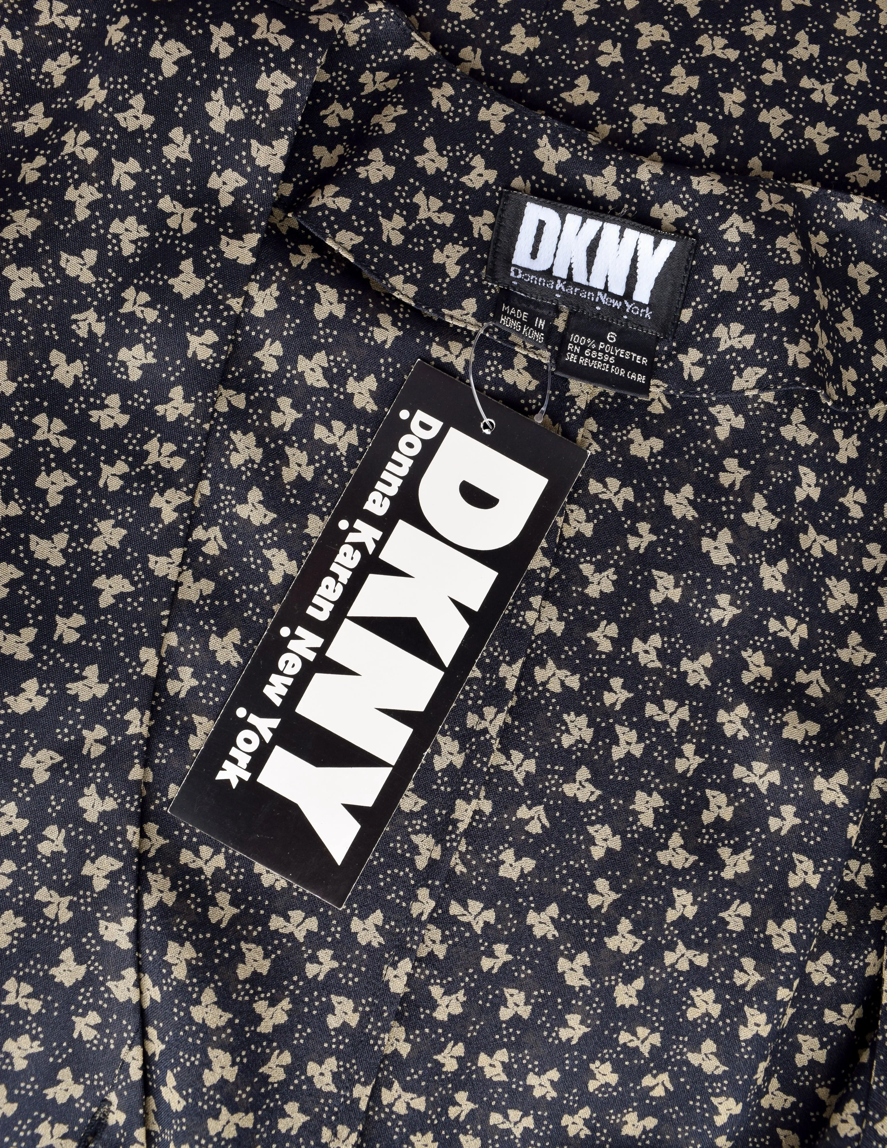 DKNY Vintage SS 1993 Black Beige Micro Floral Print Semi-Sheer Full Skirt Dress