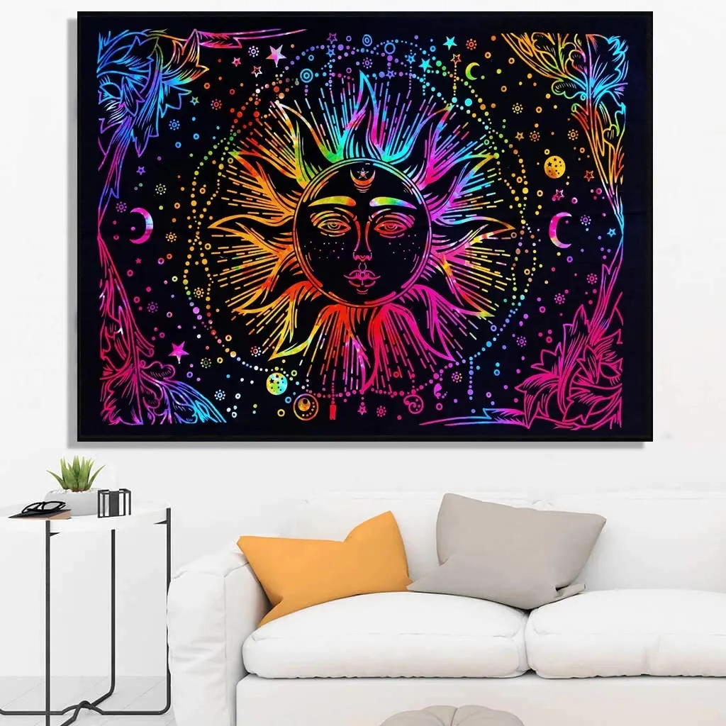 Doraya Psychedelic One Face Sun Tie Dye Mandala Tapestry Hippie Hippy Celestial Wall Hanging Indian Bohemian Tapestries (Multicolour, Twin (84x54 Inches))