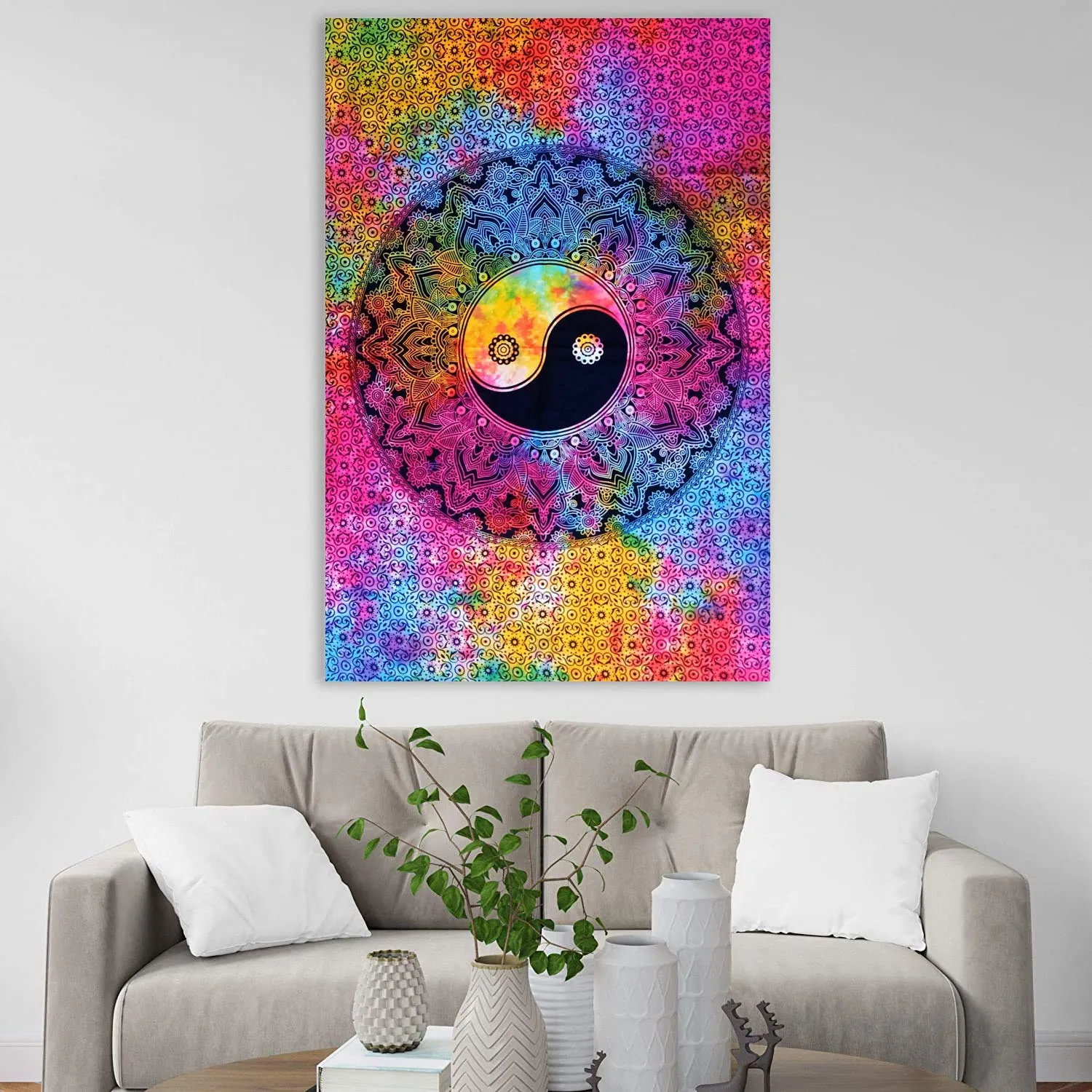 Doraya Psychedelic Ying Yang Tie Dye Mandala Tapestry Hippie Hippy Celestial Wall Hanging Indian Bohemian Tapestries (Multicolour, Poster (30x40 Inches))