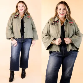 Downtown Denver Flare Sleeve Cropped Jacket with Patches in Olive Green