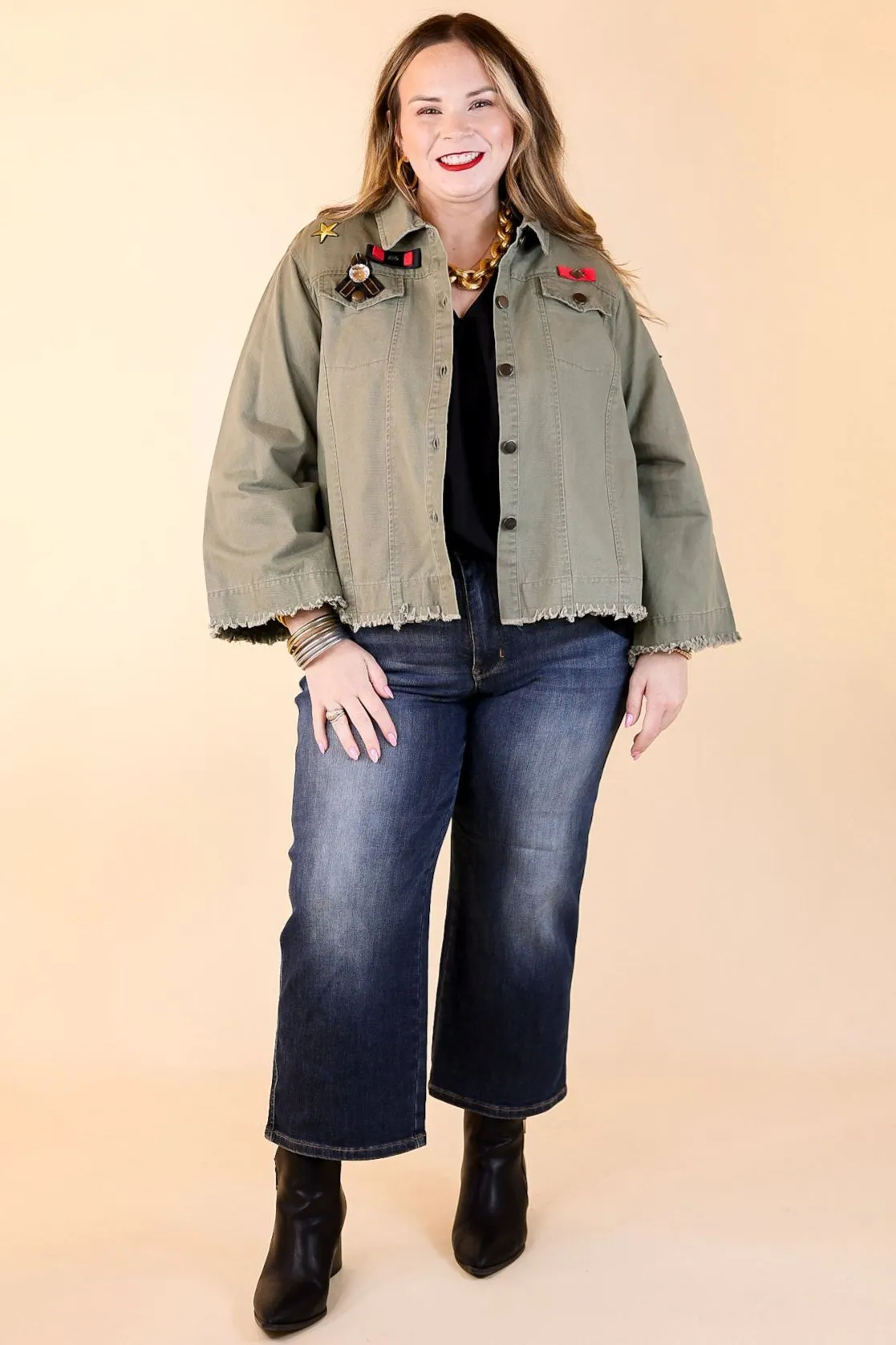 Downtown Denver Flare Sleeve Cropped Jacket with Patches in Olive Green