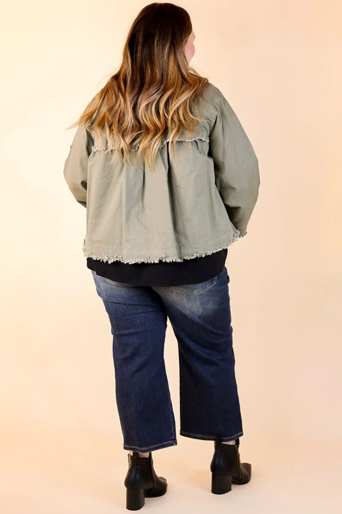 Downtown Denver Flare Sleeve Cropped Jacket with Patches in Olive Green