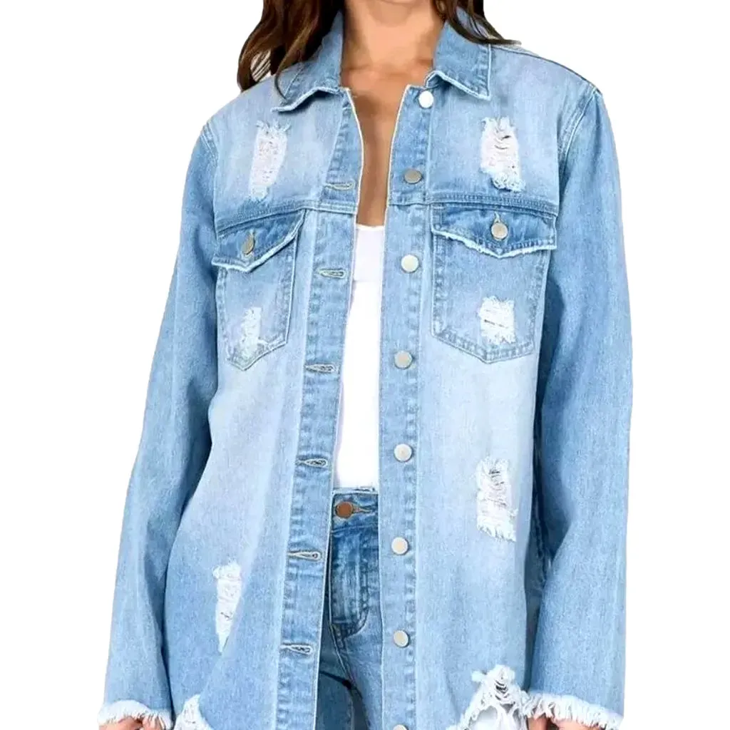 Fashionable distressed women's jean shirt