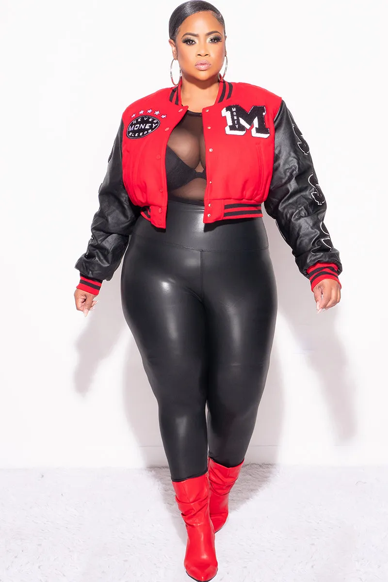 Final Sale Plus Size Cropped Varsity Jacket with Patches in Black & Red