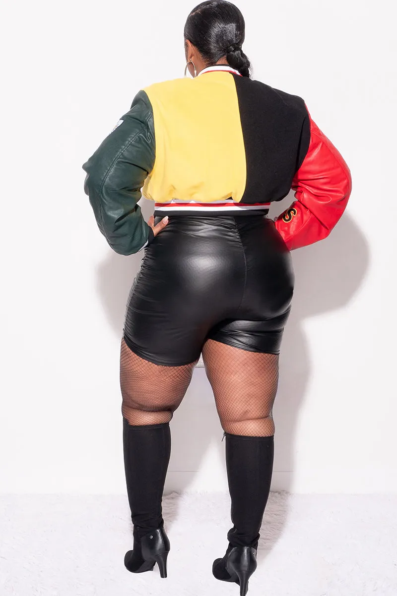 Final Sale Plus Size Cropped Varsity Jacket with Patches in Black, Red and Yellow