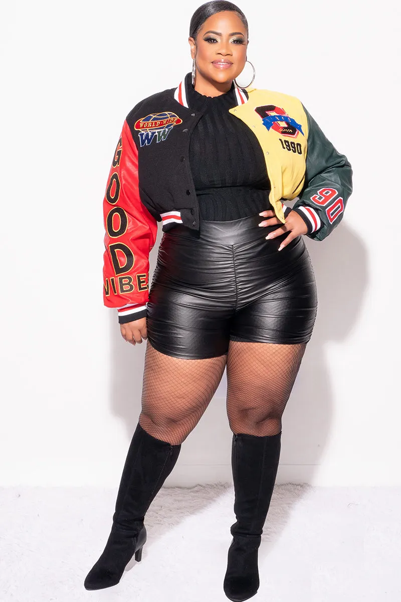 Final Sale Plus Size Cropped Varsity Jacket with Patches in Black, Red and Yellow