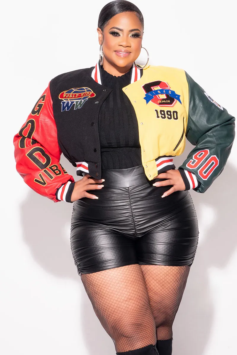 Final Sale Plus Size Cropped Varsity Jacket with Patches in Black, Red and Yellow