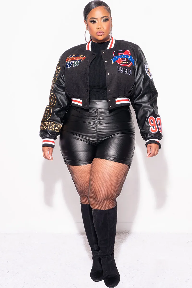 Final Sale Plus Size Cropped Varsity Jacket with Patches in Black, Red, Blue & Yellow