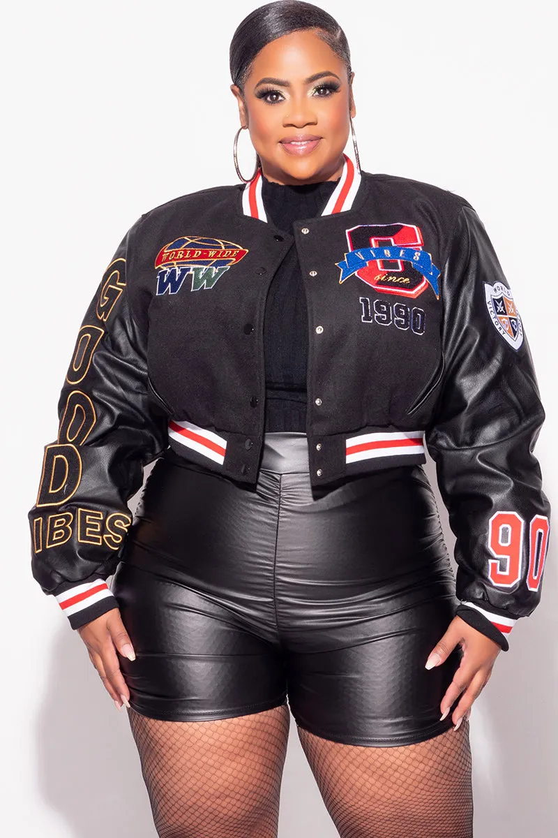 Final Sale Plus Size Cropped Varsity Jacket with Patches in Black, Red, Blue & Yellow