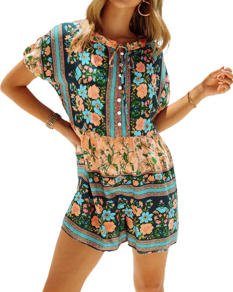 Floral Buttoned Short Sleeve Romper