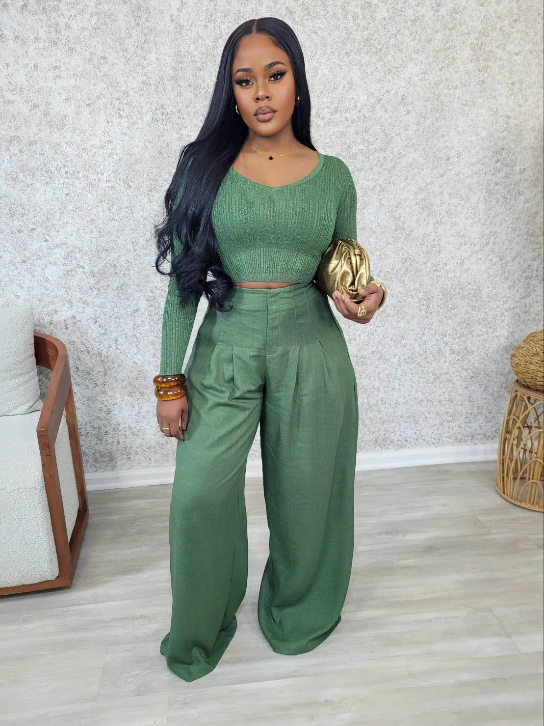 Glitzy Linen Pants Set (Olive)