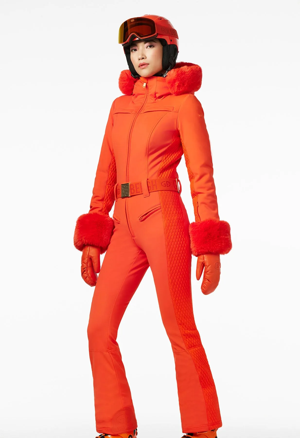 Goldbergh Angele One Piece Ski Suit in Orange with Faux Fur Hood and Cuffs