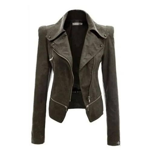 Gothic Punk Lapel Collar Slim Black Zipper PU Leather Jacket