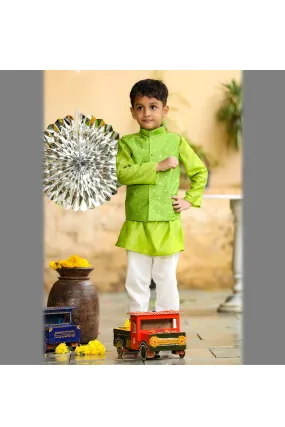 Green Chanderi Kurta With Butti Embroidered Silk Jacket And White Churidar