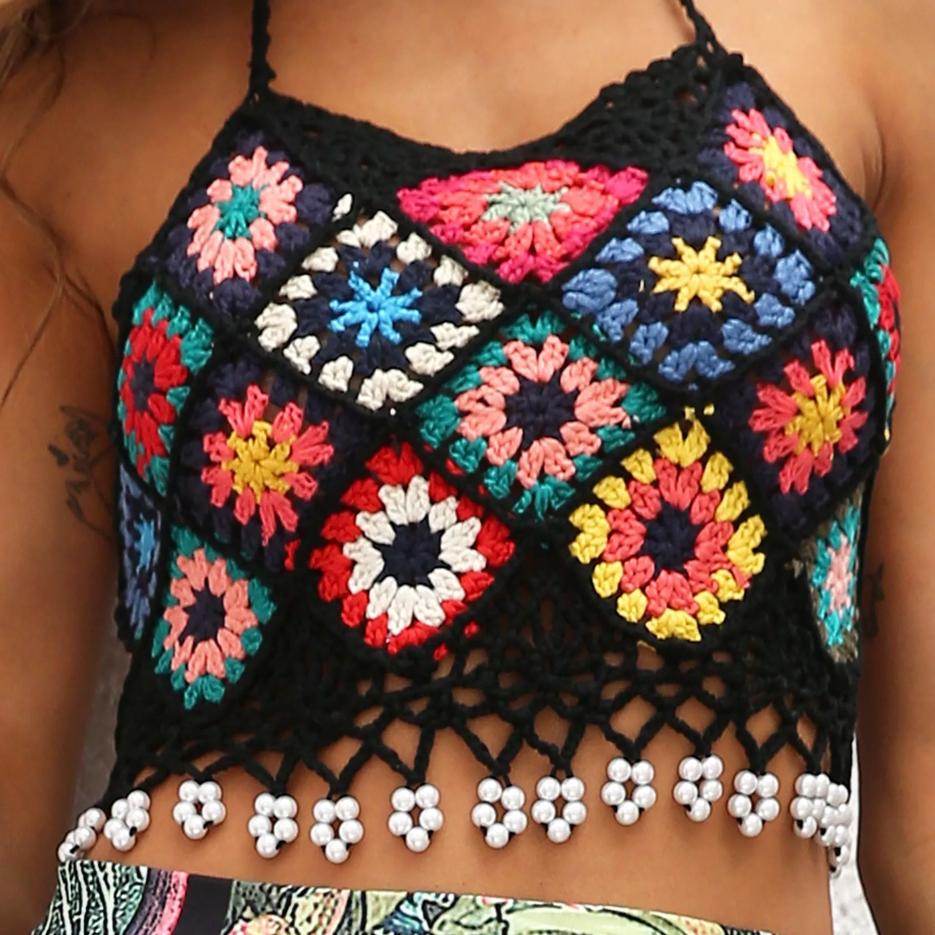 HandCrafted Bohemian Rhombus Crochet Granny Knit Halter High Neck Tank Crop Top Bikini