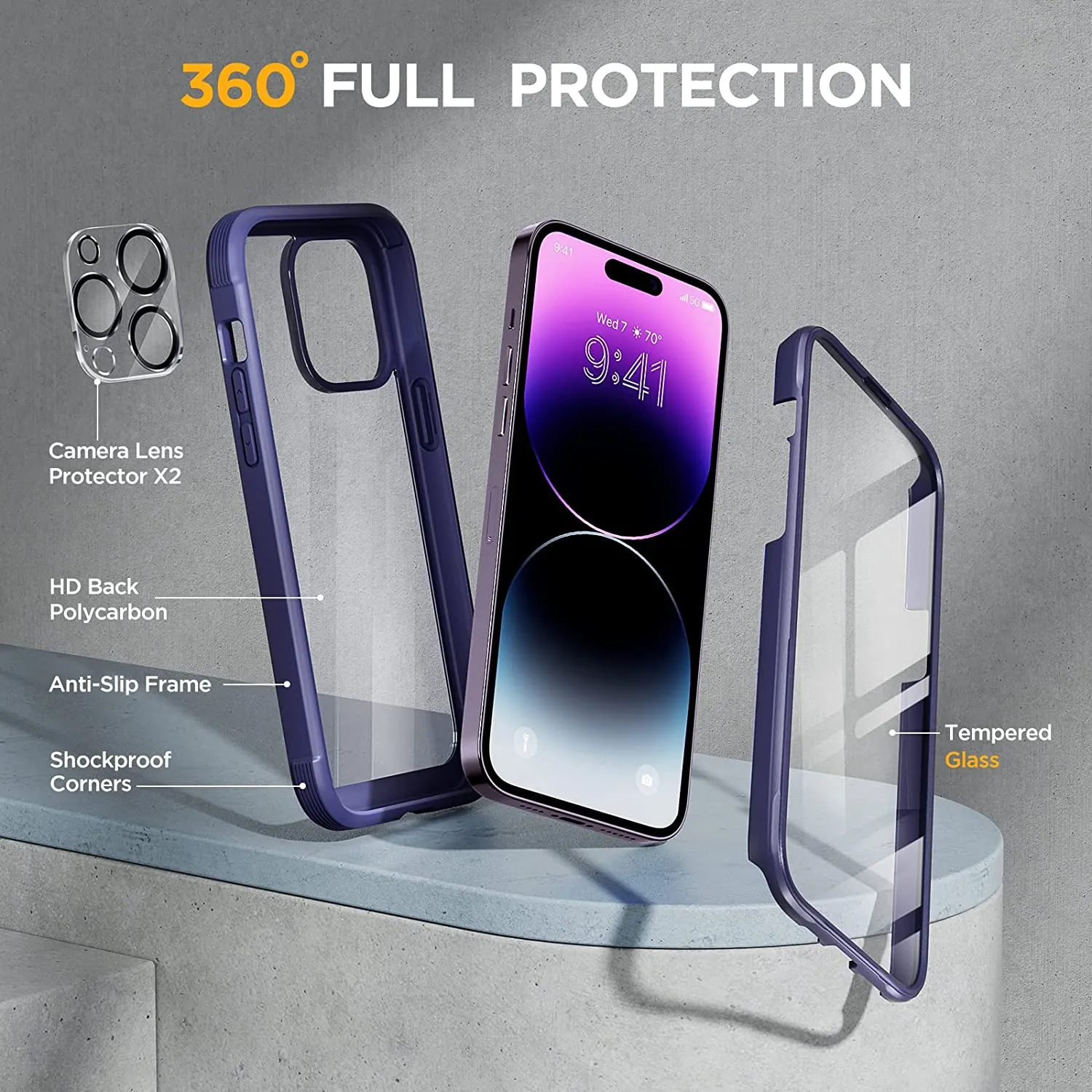 iPhone 14 Pro Newest Full-Body Bumper Case  Glass Screen Protector Purple