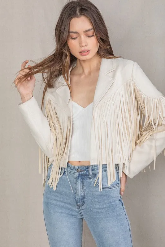 Ivory Cream Faux Leather Suede Fringe Cropped Western Boho Moto Jacket Women's